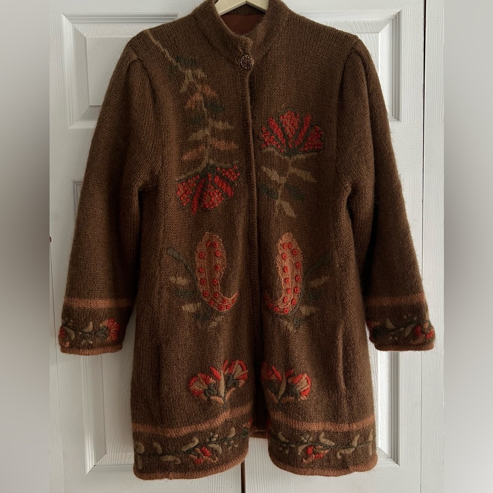 Vintage Artisan Brown Wool Mohair Coat Cardigan Rare Eye Catching Paisley SZ L